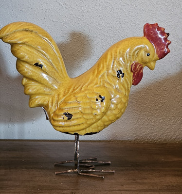 Country Rooster Crackle Distressed Shabby Standing Ceramic Decoration Yellow 9''