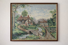 Vintage gerahmter Wandteppich / Nadelspitze Landhaus Landschaftsszene - 59 x 49 cm