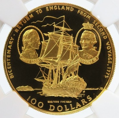 1975 FM GOLD COOK ISLANDS $100 DOLLAR JAMES COOK COIN NGC PROOF 69