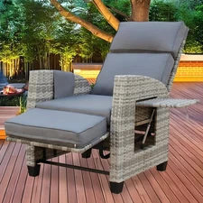 Outdoor Recliner Chair, Patio Lounge Chair, Flip-up Table, Adjustable Backrest