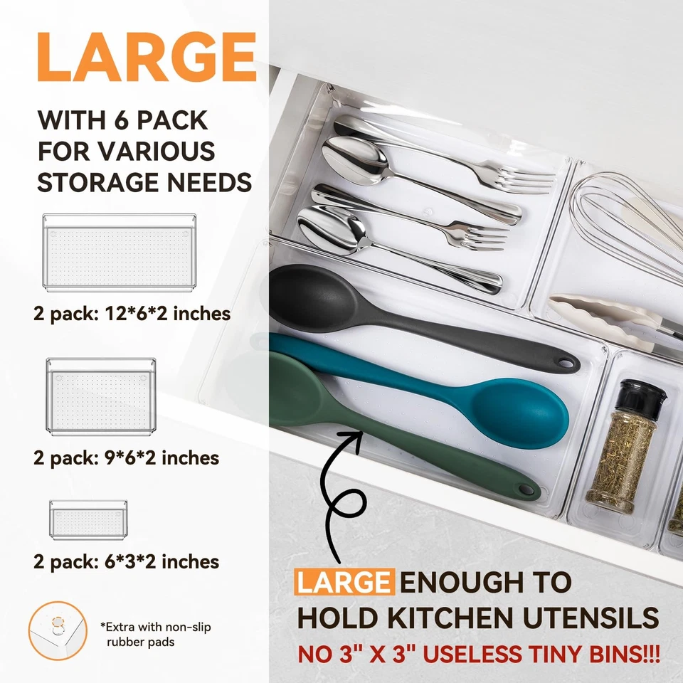 6 Pack Large Clear Plastic Drawer Organizer Trays, Acrylic Kitchen Drawer Org... - Image 2 of 4