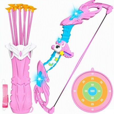 Unicorn Bow and Arrow Toy for Kids, LED Light Up Girls Archery Set with 10 Su...