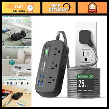 25FT Flat Extension Cord with Surge Protection, 6 Outlets  4 USB Ports, Wall Mo