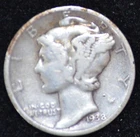 1938-D VERY GOOD-FINE Mercury Dime, 90% SILVER!