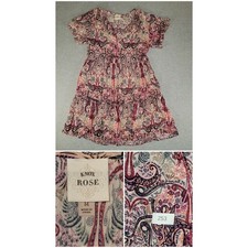 Knox Rose Womens Pink Paisley Babydoll Dress Short Sleeve Tiered Boho V-Neck M