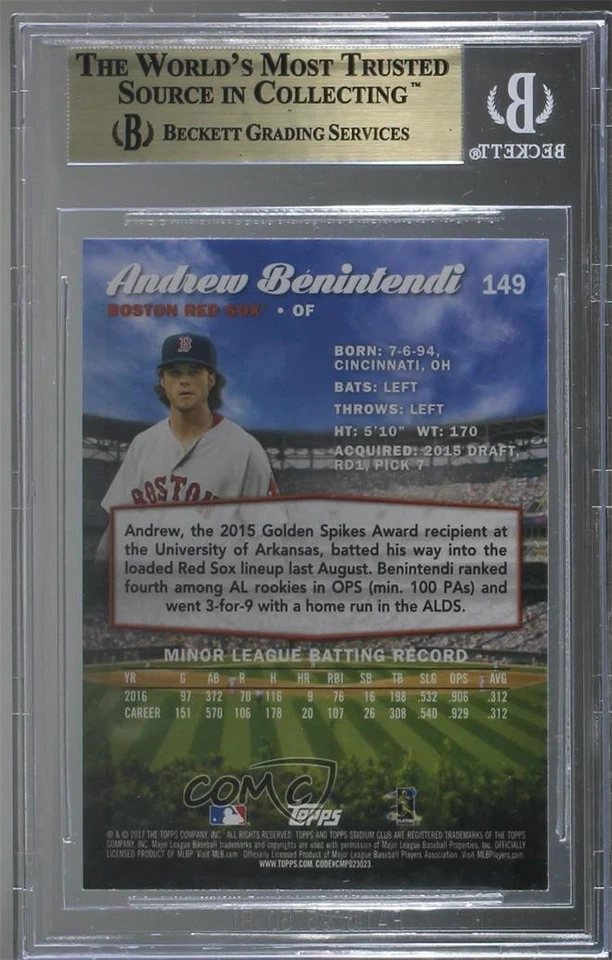 2017 Topps Stadium Club Andrew Benintendi (On Fence) BGS 9.5 GEM MINT Rookie RC - Image 2 of 2