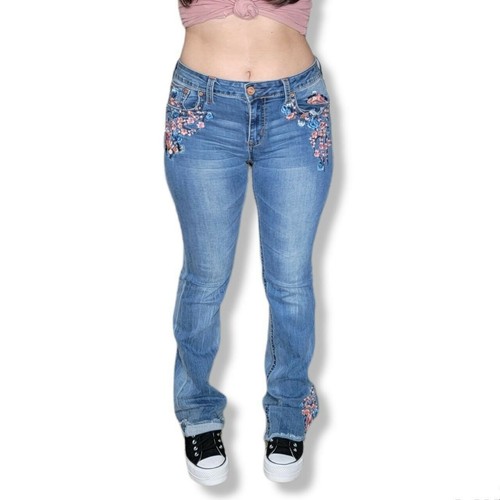 GRACE IN LA FLORAL EMBROIDERED DENIM BOOTCUT FLARE JEANS SZ 29