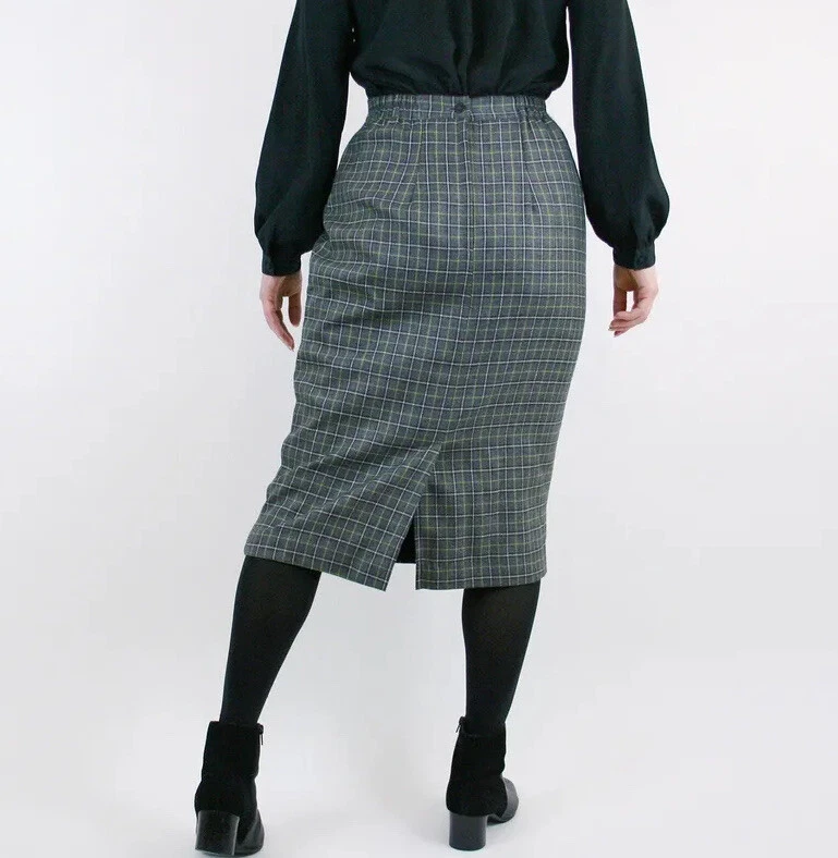 vintage 90s high waisted long midi length plaid pencil skirt with