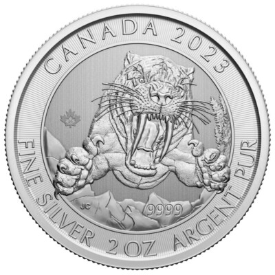 2023 ICE AGE SERIES   2 oz .9999 Fine Silver Smilodon Sabre-Tooth Cat BU