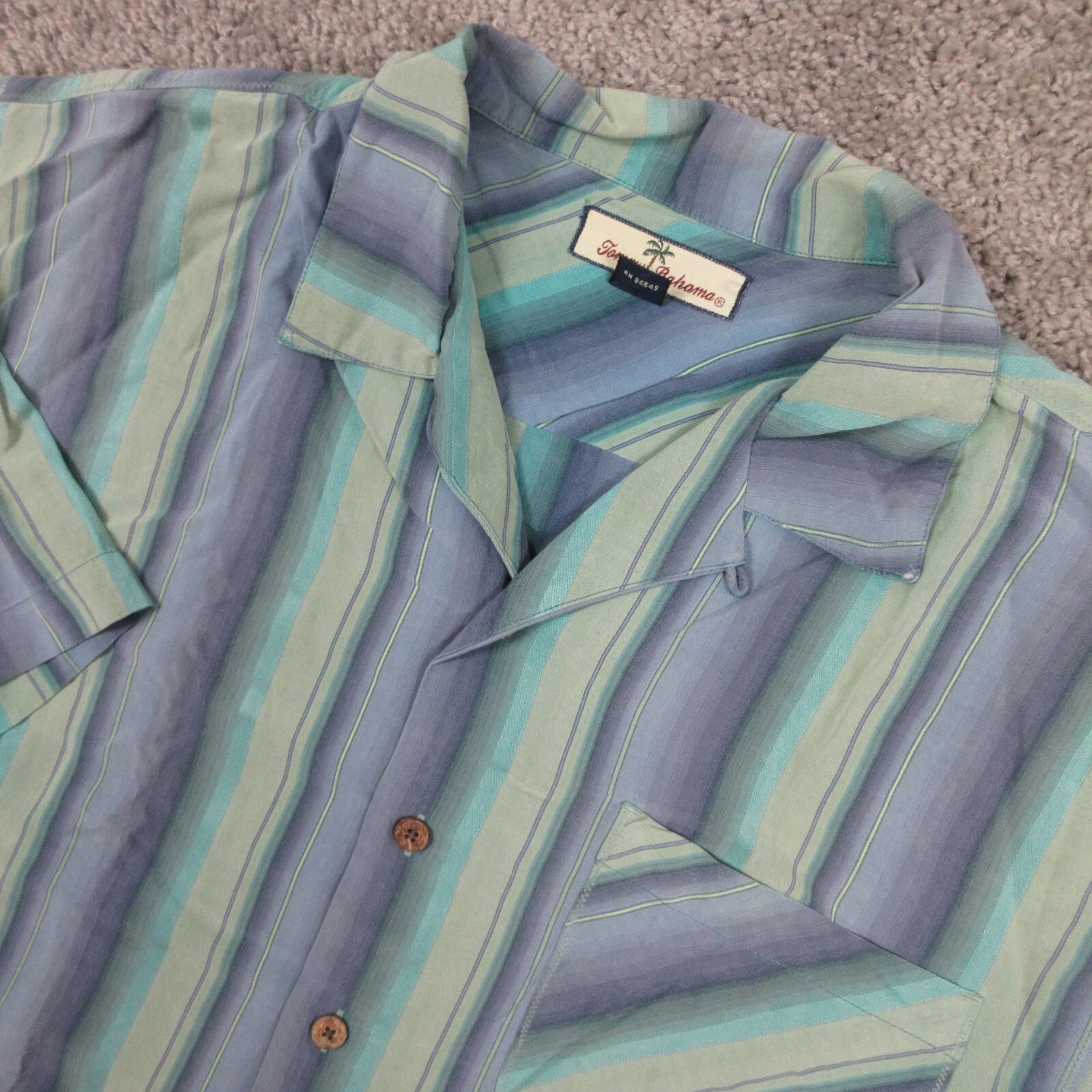 Tommy Bahama Shirt Mens Medium Green Striped Silk Camp Loop Tropical Aloha Tiki