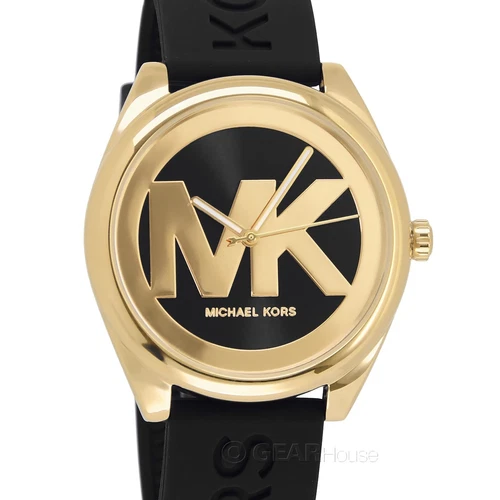 Michael Kors Womens Janelle Gold Casual Watch, MK Logo Dial, Black Silicone Band