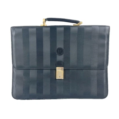 Fendi Vintage Pequin Logo Sac Mallette Affaires Sac Cuir PVC Noir - Photo 1/4