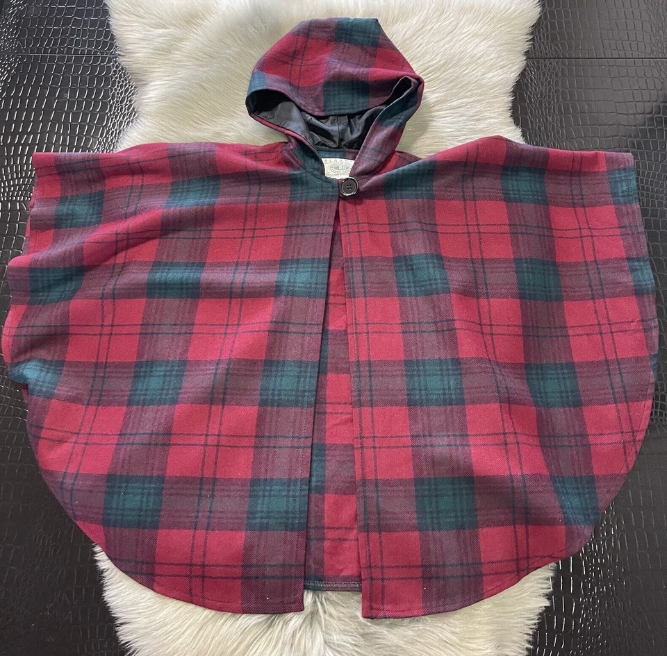 Blarney Woollen Mills Ireland Red Green Plaid Print Hooded Cape Size Large - Image 3 of 4