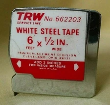 TRW SERVICE LINE TAPE MEASURE 6 FOOT WHITE STEEL USED VINTAGE MEASURING TOOL.