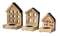 3Er Set Teelichthalter H12-19Cm Mango Holz Haus Kerzenhalter Braun Schwarz Deko