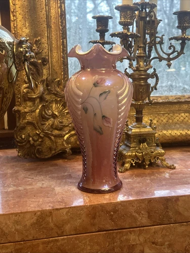 FENTON Museum Collection Pink Opalescent Ruffled Top Hand Painted Floral Vase
