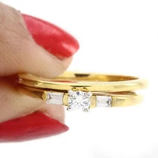 Round & Baguette Cut Simulated Diamond Bridal Ring Set 14K Yellow Gold Plated
