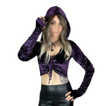 24HRS PLUM VELVET CRUSH LACE UP HOODIE SHIMERING SEXY DOLL SHIRT 