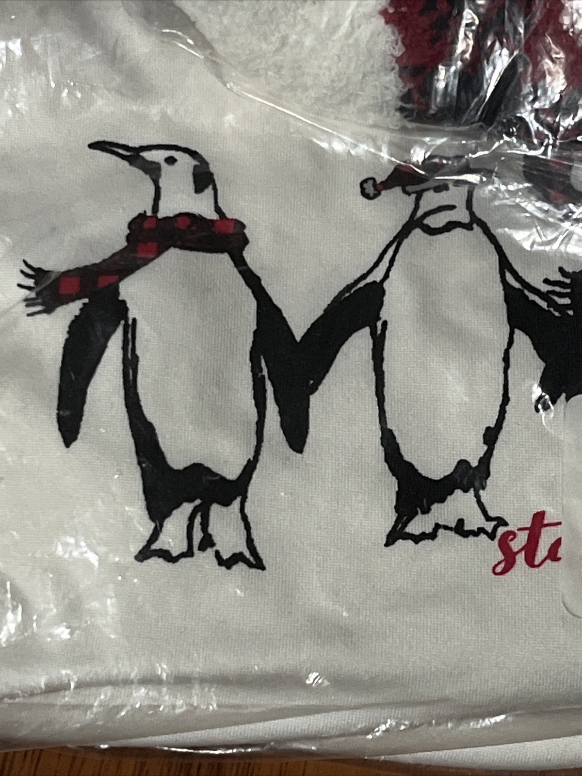 Cuddl Duds 3 Piece Pajamas Set Penguins Red and Black Plaid Socks Size