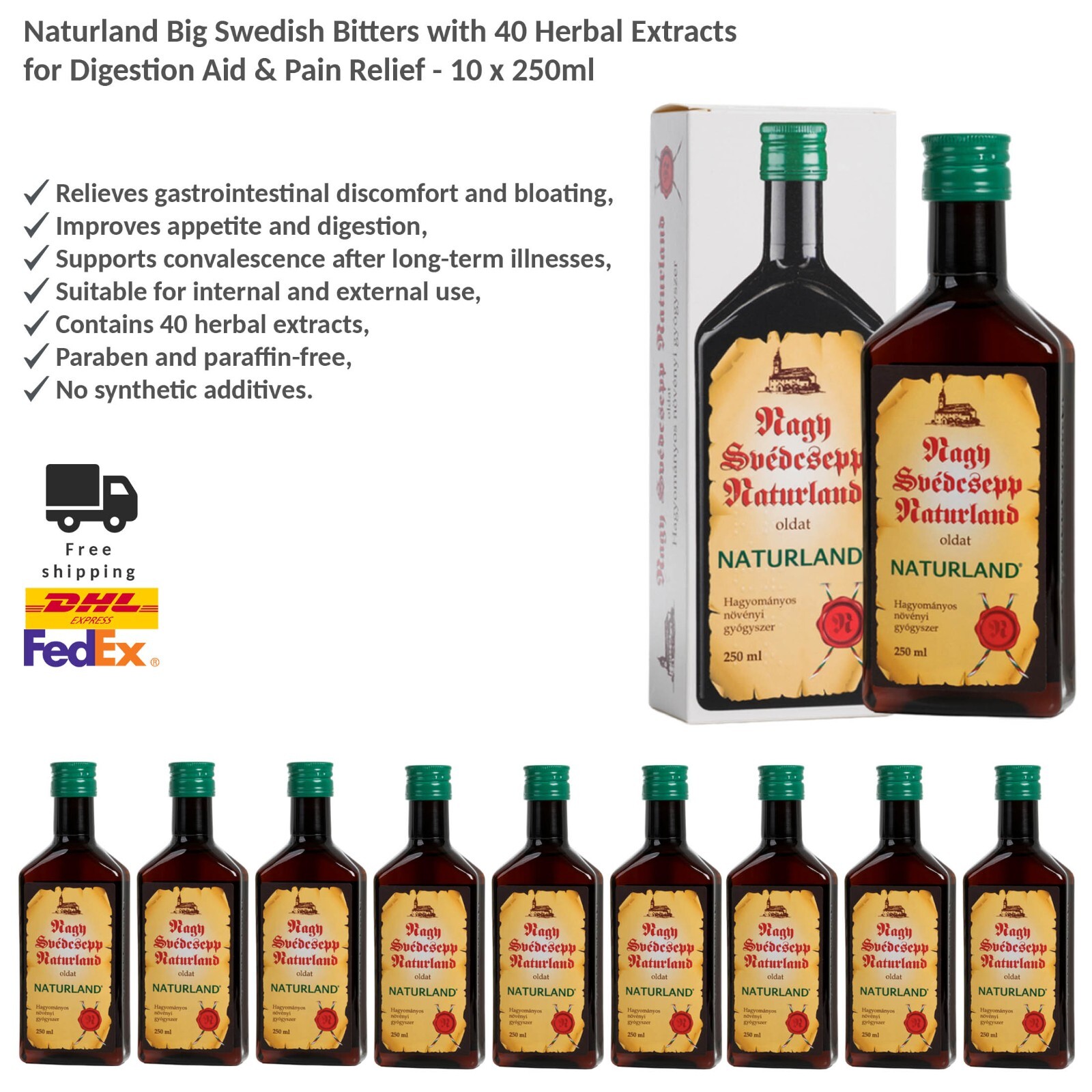 Naturland Groß Schwedenbitter mit 40 Kräuterextrakten Herbal Tinktur 250ml x 10