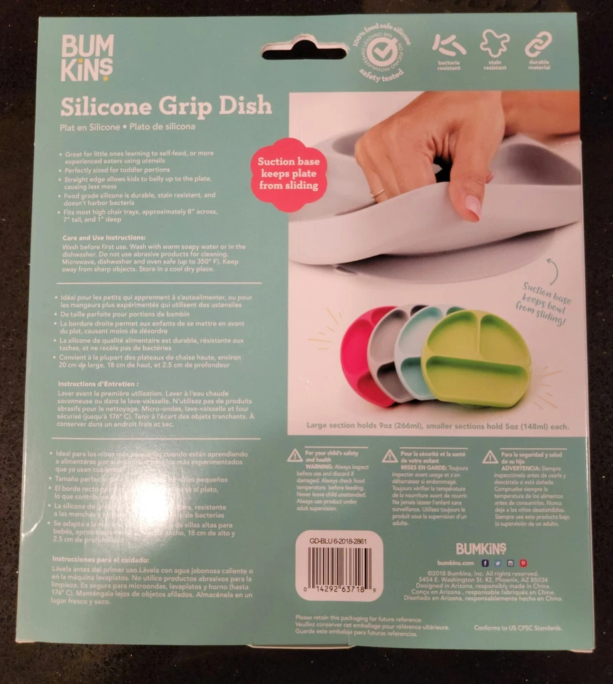 Plato dividido con agarre de silicona BUM KINS 100 % seguro para alimentos 6+ meses ¡NUEVO EN CAJA!  Foto 2 de 2