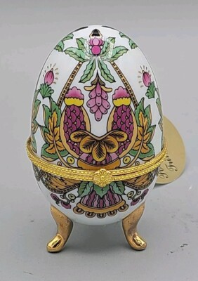 Vtg Porcelain Egg Shaped Hinged Trinket Box Multi Color Floral Gold Footed 4 