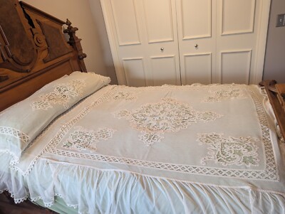 Antique Vintage 1900's Tape Lace Net Mesh Bedspread Coverlet