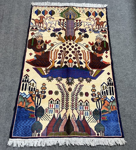 Afghan Pictorial Baluchi Area Rug 3x5 Ft Handmade Wool Tribal Story Art Rug