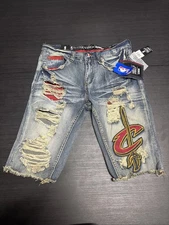 W32 NBA UNK Heritage America Clevland Cavs Denim Jean Shorts Distressed Mens