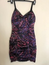 GUESS Los Angeles Bodycon Womens Satin Mini Dress Lace Trim Abstract Pink Blue