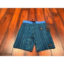 Kids Hurley Board Shorts Teal Blue 4 Way StretchPalm Tree Bone Print Size 10 25