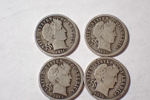 A Lot of 4 silver Barber dimes 1911 23 24 16 Very Good  Cond set RGR 550