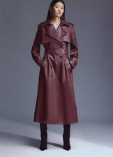 LH1402 Burgundy Women s Genuine Lambskin Leather Long Trench Coat Handmade