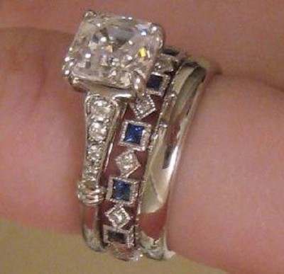 Art Deco Asscher Lab-Created Diamond Blue Sapphire  Ring Set 925 Sterling Silver