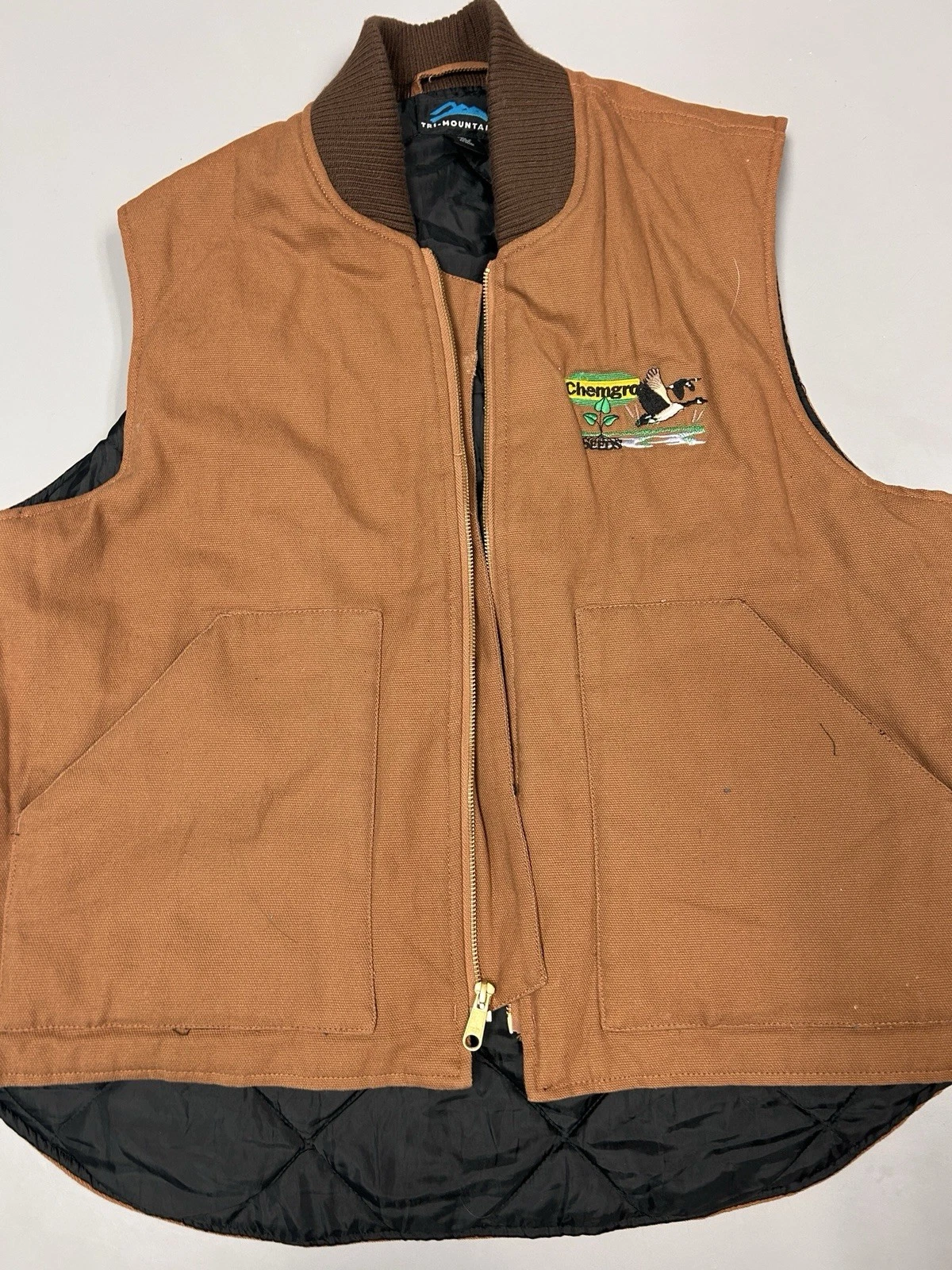 Tri Mountain Quilted Lined Work Vest Tan Full Zip Embroidered Logo Mens L