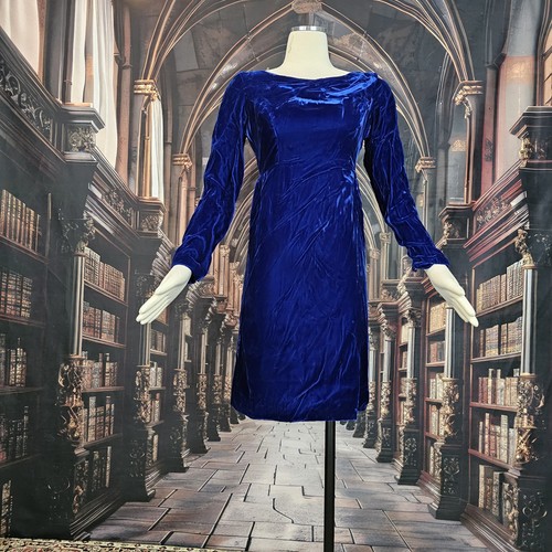 Vintage 1960s Dress Royal Blue Velvet Miniskirt Rhinestone Buttons Mod Retro - Picture 2 of 16