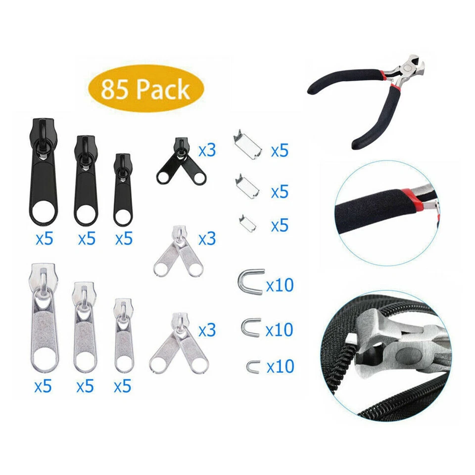 Kits de reparación de reemplazo de cremallera 85 piezas alicates de instalación para bolsas chaqueta abrigos jeans Foto 4 de 4