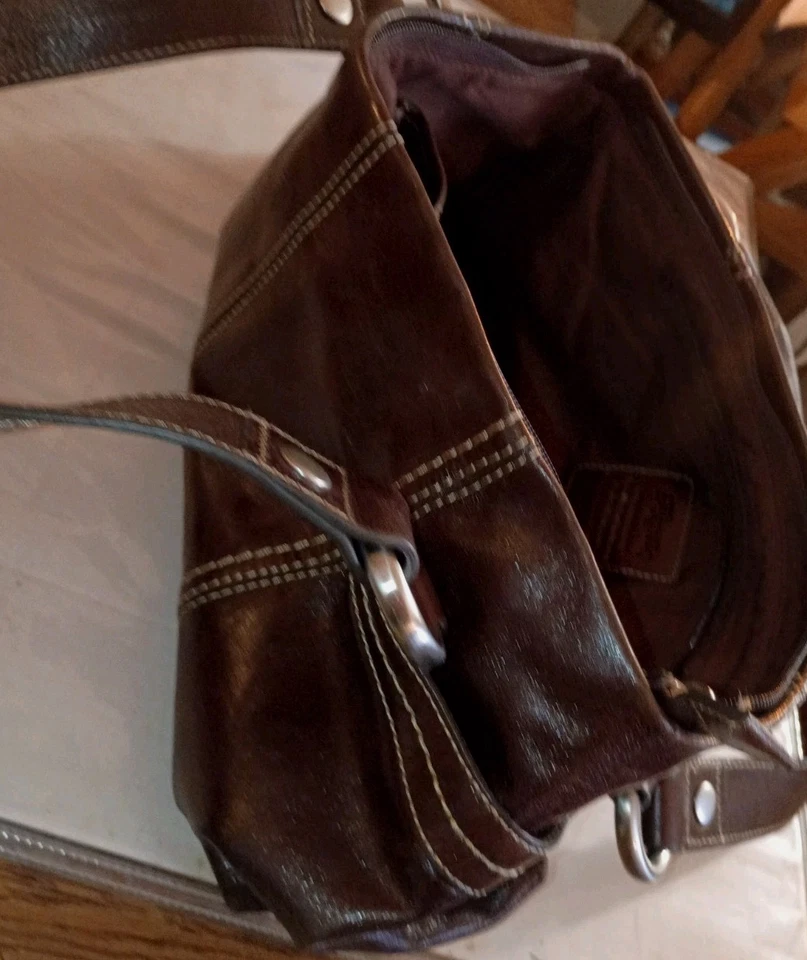 Bolso de hombro de cuero genuino Fossil marrón ZB482 plateado herrajes Foto 3 de 4