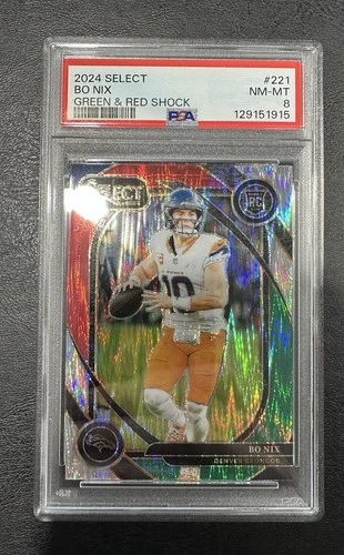 2024 Select Bo Nix PSA 8, Club RC Green and Red Prizm Shock #221 Broncos ￼