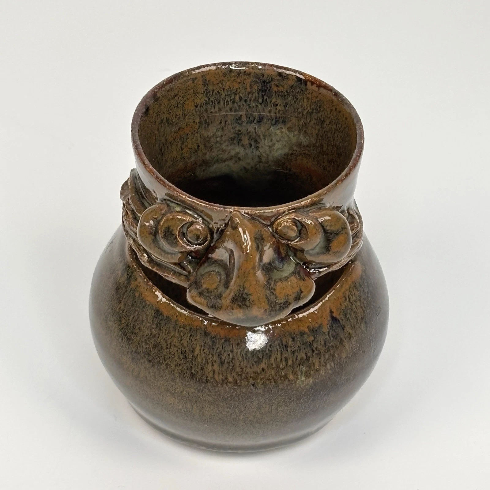 Handmade NC Linda Potts Pottery Miniature Jug Egg Separator Funny Face - Brown