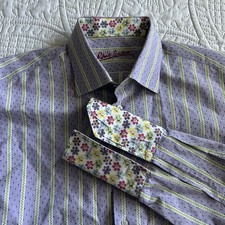 Robert Graham Men's Purple Striped Long Sleeve With Floral French Cuff Large