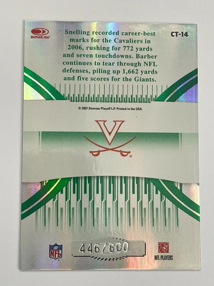 2007 Donruss Elite UVA Tiki Barber Jason Snelling College Ties Green /800 #CT-14 - Image 2 of 2