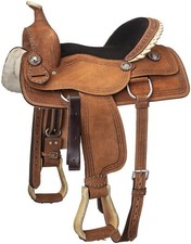 13 Inch Youth Roughout Western Saddle with Barbwire Tooling-Rawhide Laced Cantle