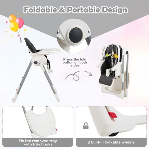 Foldable Baby High Chair w/ 7 Adjustable Heights & Free Toys Bar for Fun - 第 4/6 張圖片