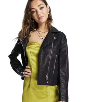 TOPSHOP Black Moto Faux Leather Jacket Women's Size