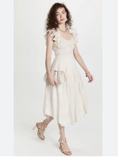 Ulla Johnson Rissa Dress Natural Linen Stripe Ruffle Trim Midi Length 6 Beige