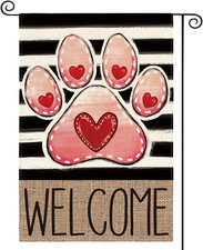 Paw Print Love Hearts Valentines Day Garden Flag 12X18 Inch Double Sided, Welcom