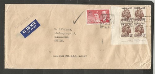 Australia 1959 commercial rate airmail cover to Sweden with 8½d imprint block