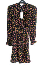 M&S x GHOST Black Floral Wrap V Neck Knee Length Long Sleeve Tea Dress UK 10