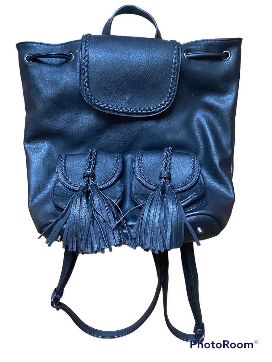 antik kraft california faux leather backpack ANTIK KRAFT Vegan Leather Backpack Handbag Black Decorative Tassels Pockets